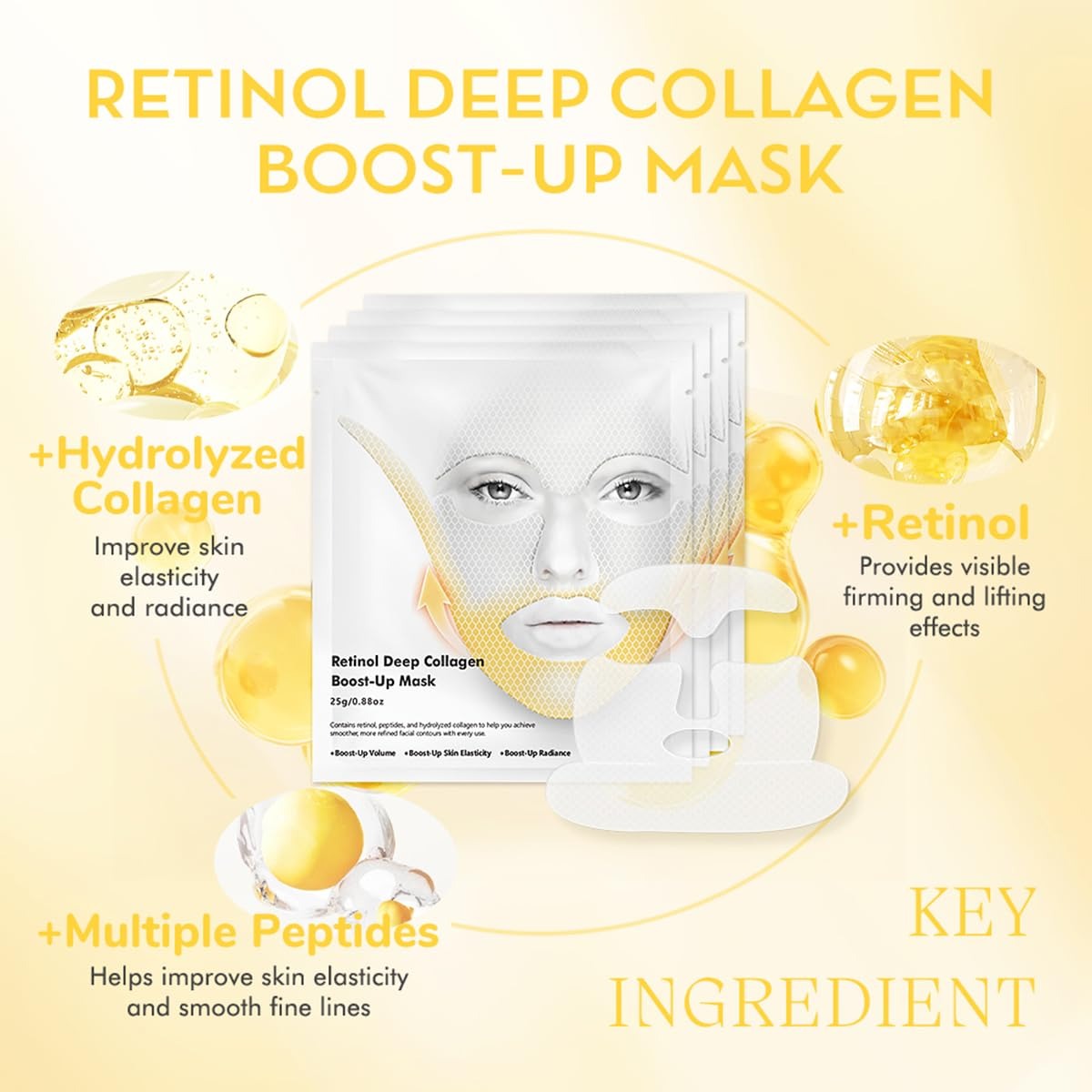 4 Pcs Retinol Deep Collagen Boost Up Mask Set, Deep Collagen for V-Line Lifting & Face Tightening, Retinol for Smile Lines & Forehead Area, Glass Glow Skin Collagen Lifting Mask